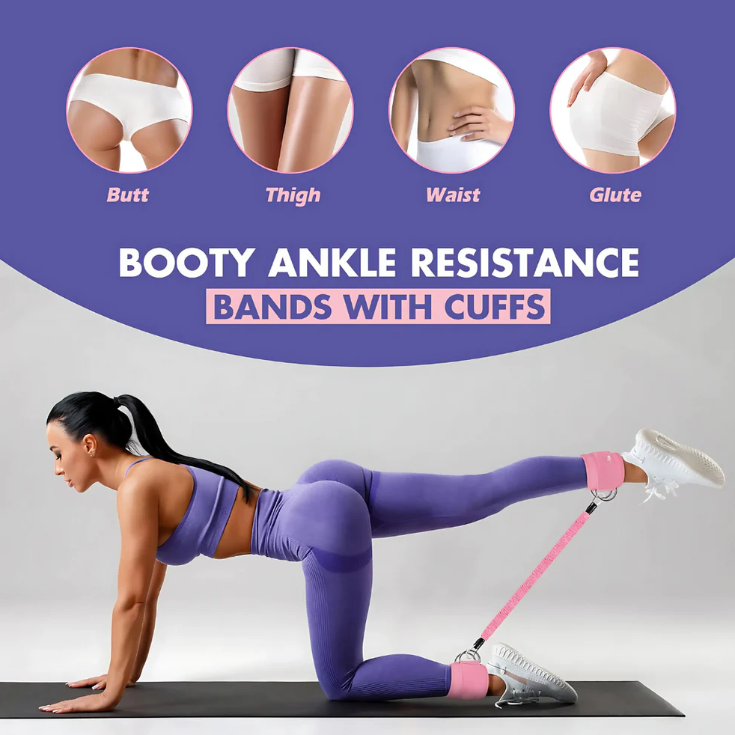 Booty ankle resistance bands with cuffs showing target muscles: butt, thigh, waist, glutes.