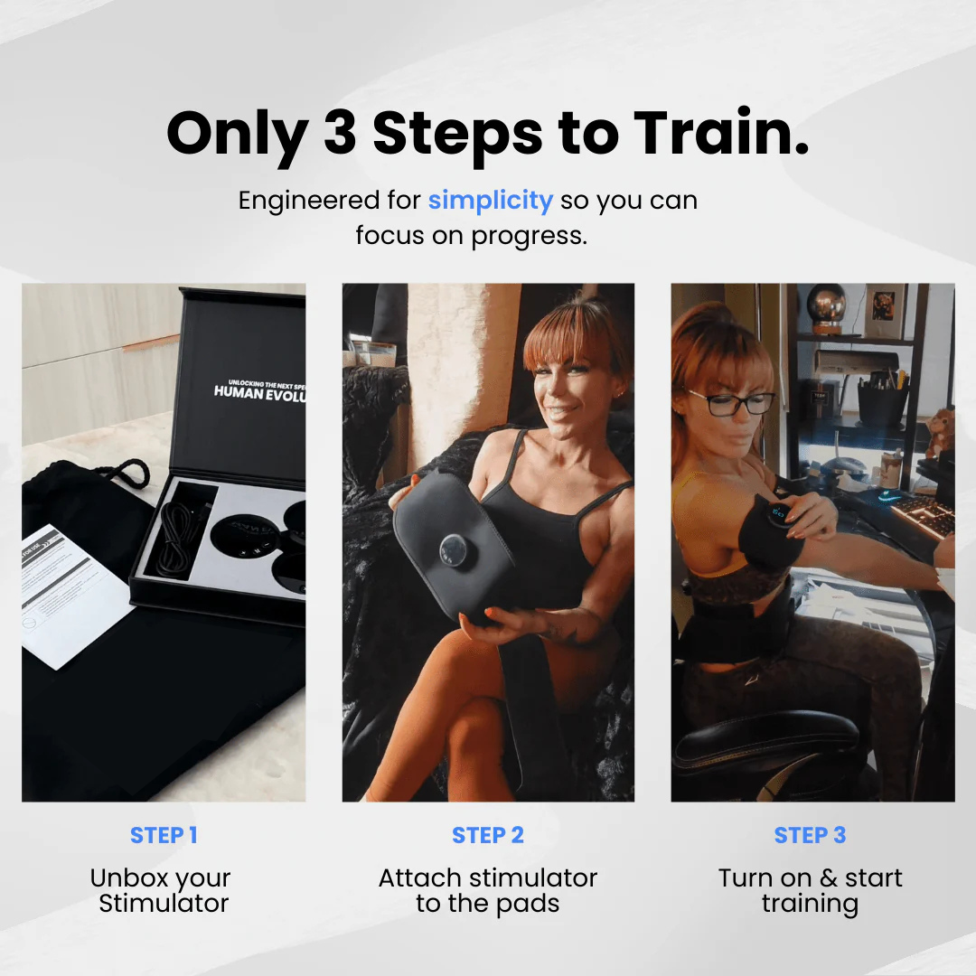 Product packaging and usage instructions for a training device with text 'Only 3 Steps to Train'.