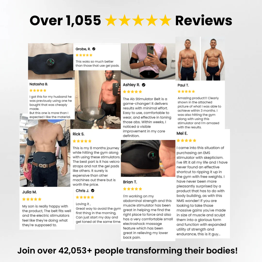 Product review section with customer testimonials and ratings on a white background