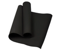 Black anti-slip yoga mat rolled and partially unrolled for home workout.