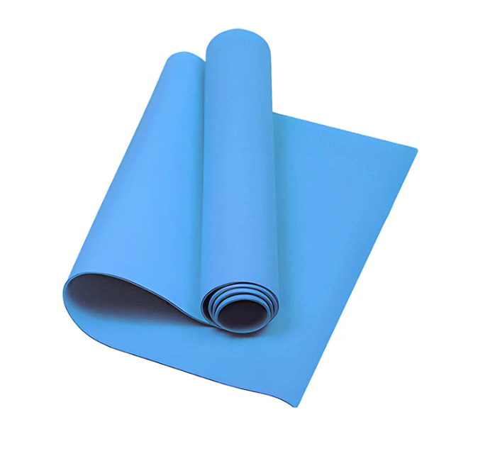 Blue thick yoga mat for home gym, stretching, and exercise.