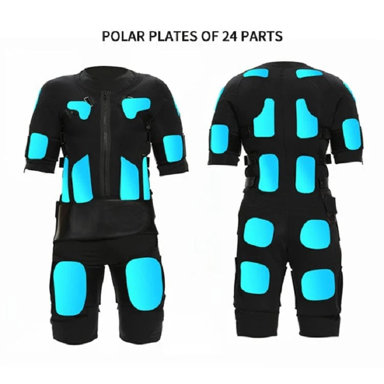 Black ems electric muscle stimulator suit with blue padding on a white background