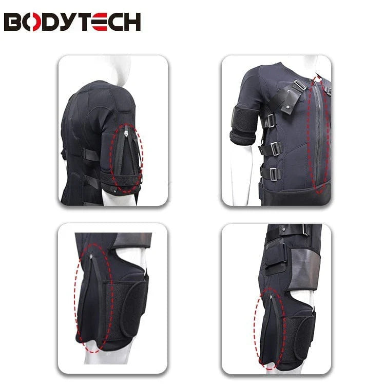 Black protective gear with red accents on a white background, featuring the BODYTECH brand.