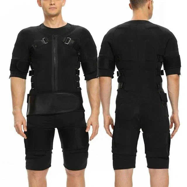 Black body armor with shoulder and knee padding on a white background