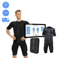 Person wearing a black electronic fitness suit with a control panel and accessories on a white background.