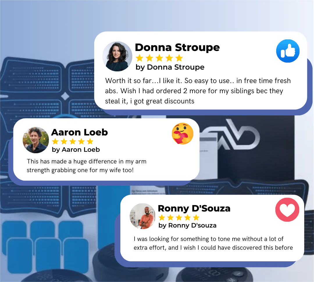 Product reviews displayed on a blue background with a brand logo.