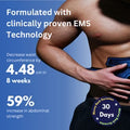 Advertisement for a product with clinical claims on weight loss and strength increase, featuring a person holding their stomach.