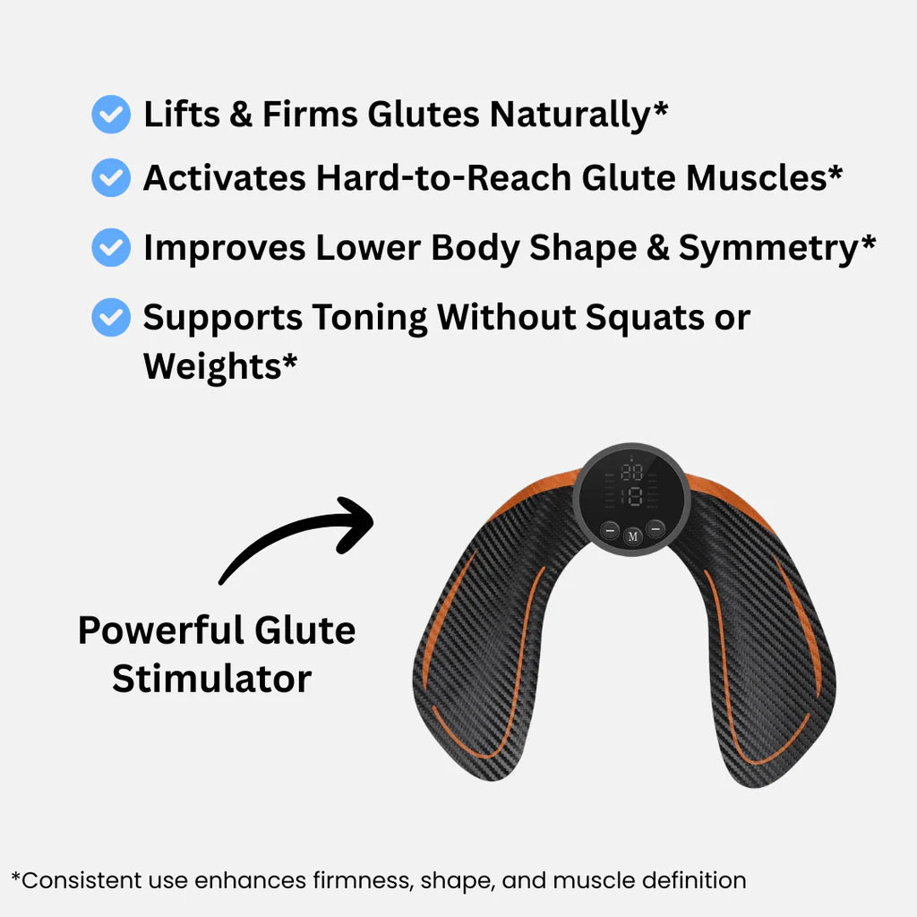 Glute stimulator device with features listed on a white background