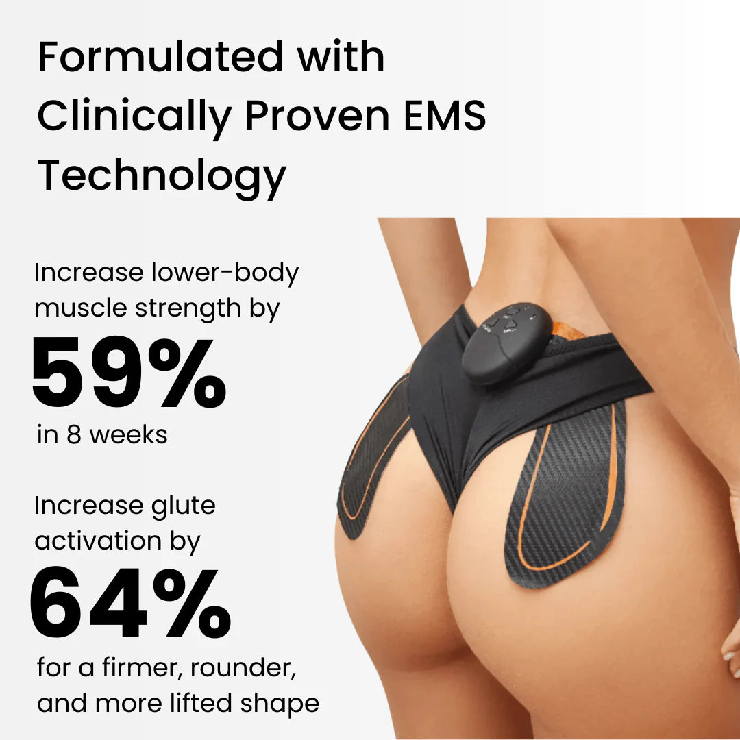 EMS technology device on a person's buttocks with text highlighting muscle strength and glute activation benefits.