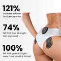 Person using a device on their buttocks with fitness statistics displayed.