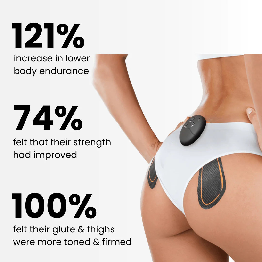 Person using a device on their buttocks with fitness statistics displayed.