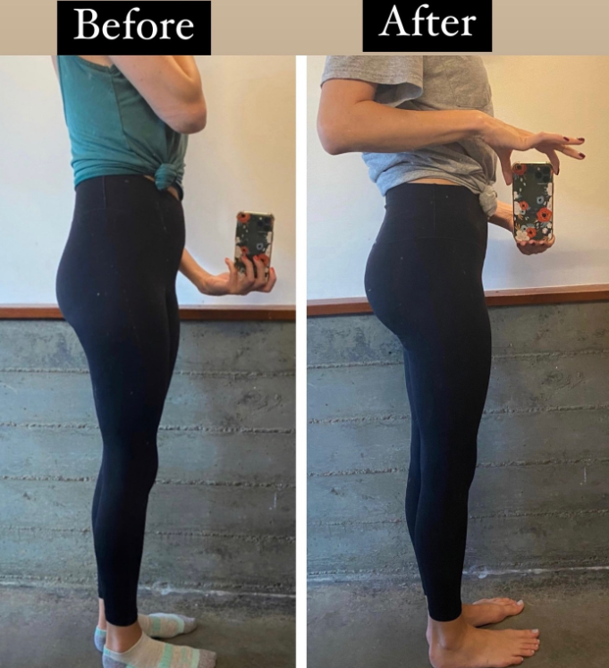 Glute transformation using ankle bands with comparison photos in leggings.
