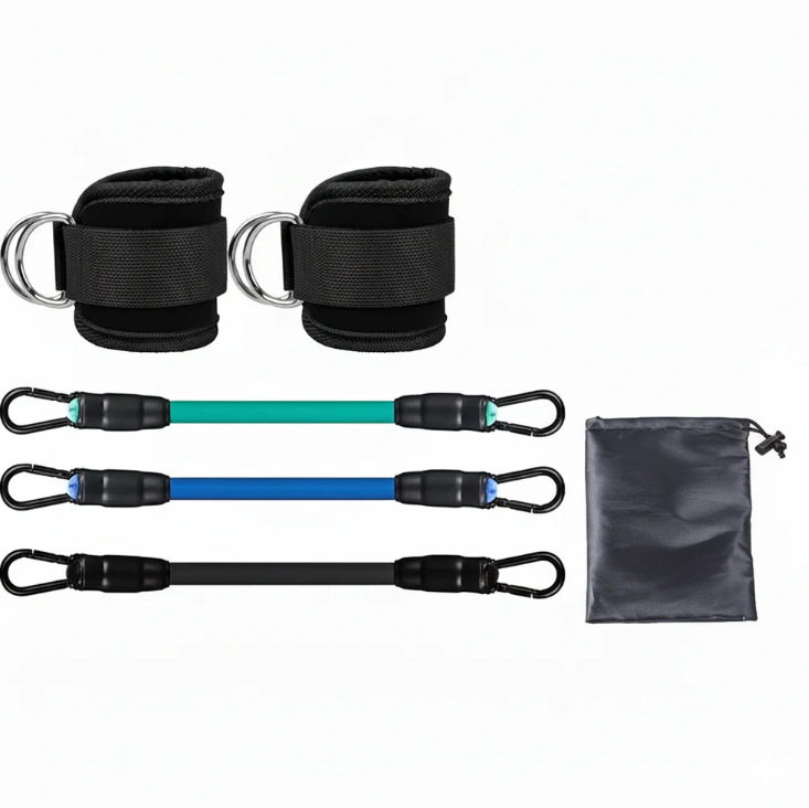 black ankle resistance bands with adjustable cuffs and carry bag.