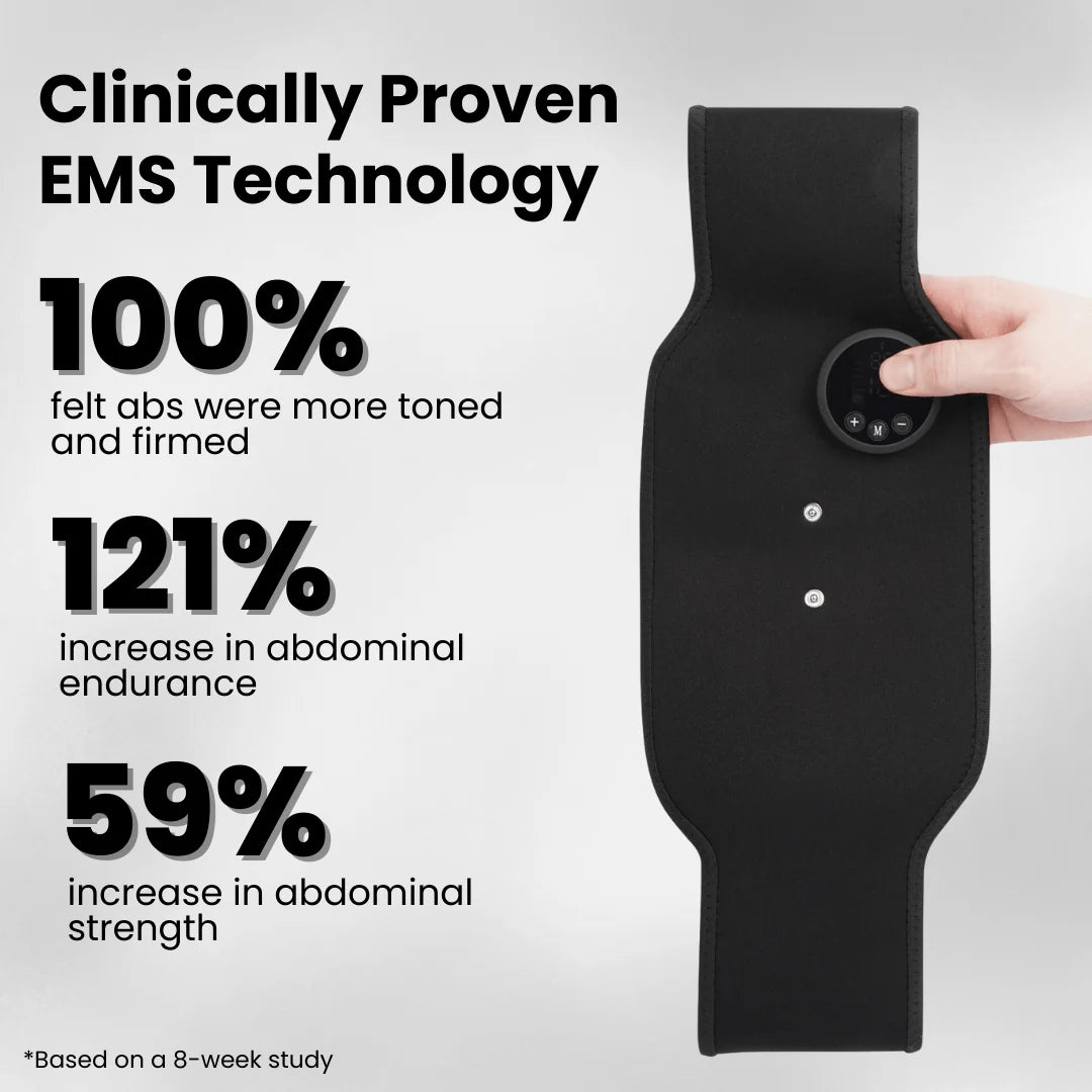 Black EMS electric muscle stimulator technology belt with clinical benefits on a gray background