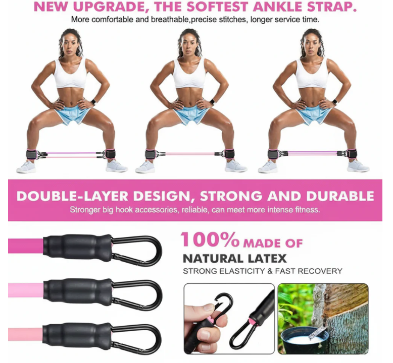 Woman doing donkey kicks with ankle resistance band for booty workout at home.