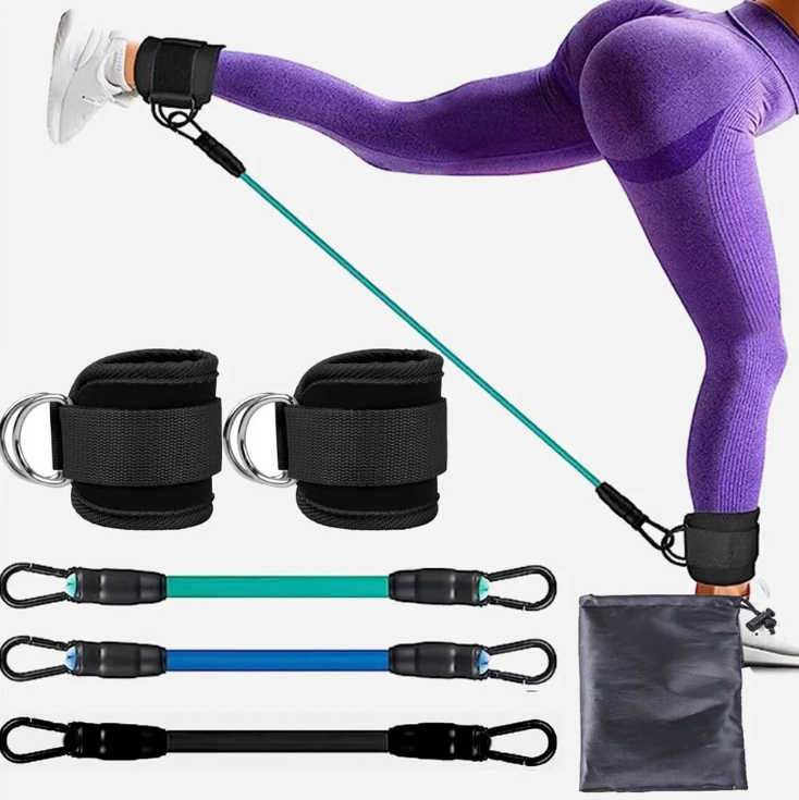 Women performing glute kickbacks using ankle resistance bands for booty lifting.