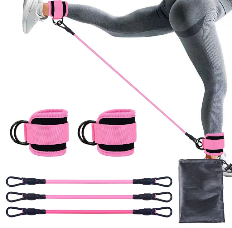 Women performing glute kickbacks using ankle resistance bands for booty lifting.