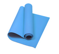 Blue thick yoga mat for home gym, stretching, and exercise.